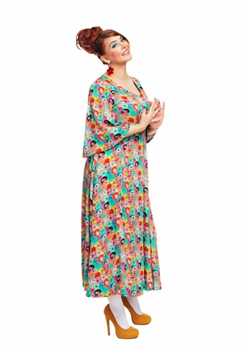<h2>Multifarvet retro kjole med løs pasform, trompetærmer, bindebånd og grafisk print fra Cissi och Selma</h2>